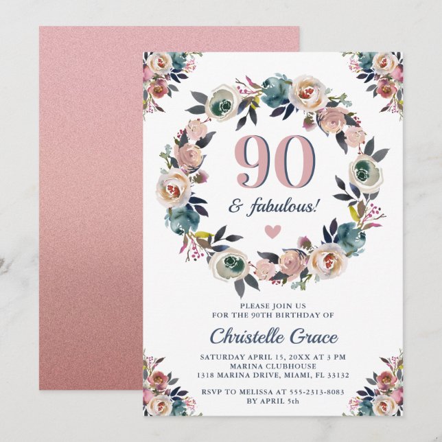90th Birthday Party Ninety and Fabulous Chic Lady Invitation (Front/Back)