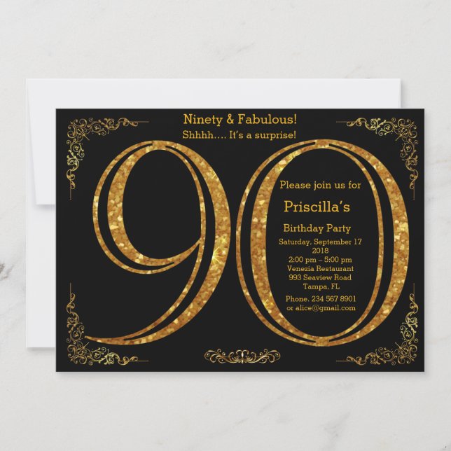 90th,Birthday party, Ninety, Gatsby, black & gold Invitation (Front)