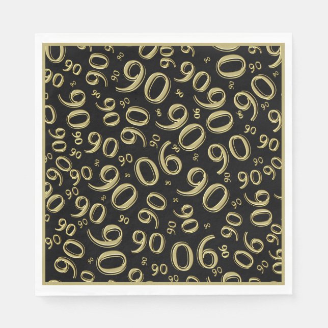 90th Birthday Party Number Pattern Black/Gold Napkin (Front)
