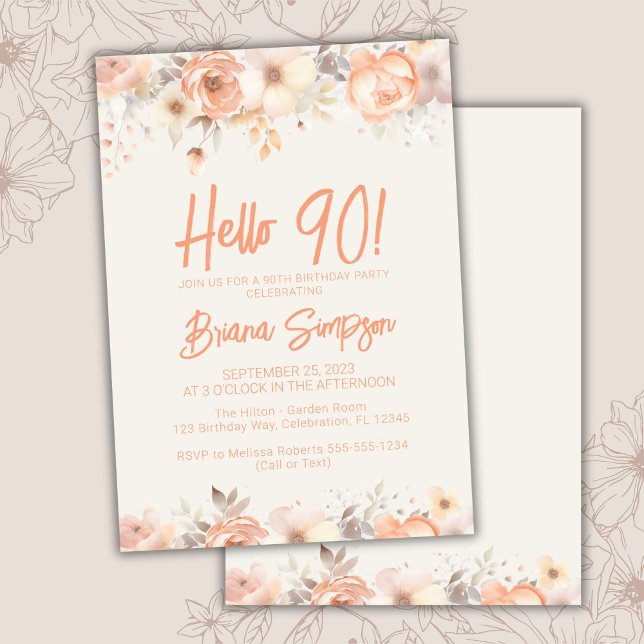 90th Birthday Party Peach Beige Ivory Floral Invitation (Creator Uploaded)