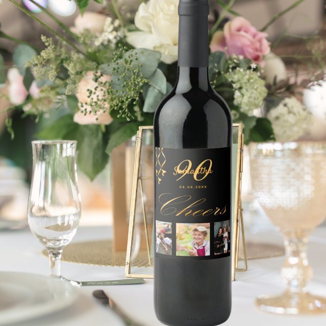90th birthday party photo black gold cheers script wine label (Creator Uploaded)