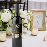 90th birthday party photo black gold cheers script wine label<br><div class="desc">A bottle label for a glamourous 90th birthday party. Personalise and add 3 of your own photos, age 90 and a date. Date of birth or the date of the party. Golden coloured letters. The word: Cheers, in faux gold written with a trendy hand lettered style script. Elegant, classic chic...</div>