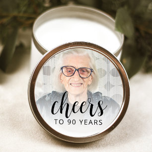 90th Birthday Party Photo Black Script Cheers Classic Round Sticker