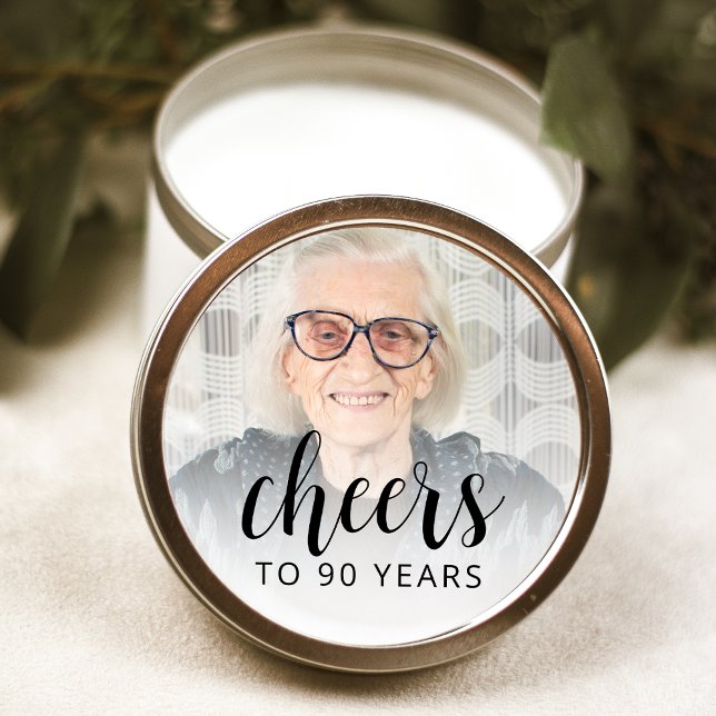 90th Birthday Party Photo Black Script Cheers Classic Round Sticker (Creator Uploaded)