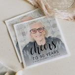 90th Birthday Party Photo Black Script Cheers Napkin<br><div class="desc">This custom 90th birthday napkin features the guest of honour's personalised photo,  name,  and birthday,  along with the word "Cheers" in elegant black calligraphy script. A white screen helps make the text pop. A great way to celebrate someone who's turning ninety!</div>