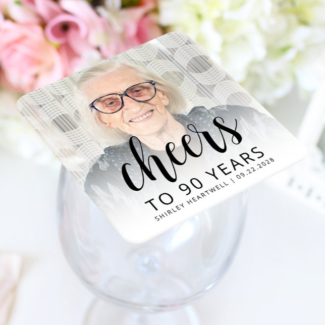 90th Birthday Party Photo Black Script Cheers Square Paper Coaster (Creator Uploaded)