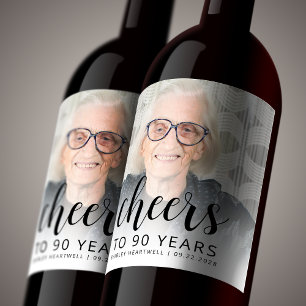 90th Birthday Party Photo Black Script Cheers Wine Label
