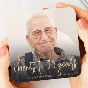 90th Birthday Party Photo Cheers Gold Script Square Paper Coaster
