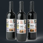90th birthday party photo collage guy wine label<br><div class="desc">A wine bottle label for a 90th birthday party for a guy,  celebrating his life with a collage of 8 of your own photos.  Templates for a name,  age 90 and a date.  Date of birth or the date of the party.  Black coloured letters.  White background.</div>