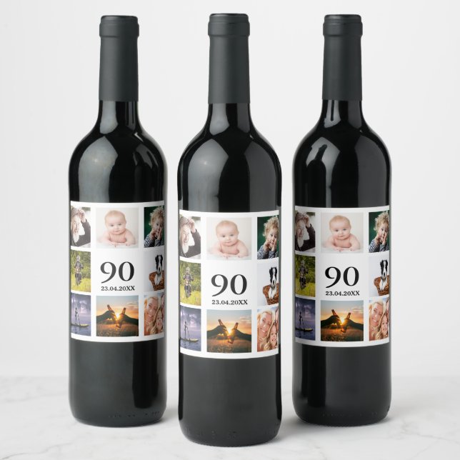 90th birthday party photo collage guy wine label (Bottles)