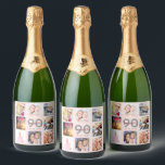 90th birthday party photo collage rose gold name sparkling wine label<br><div class="desc">A bottle label for a 90th birthday party, celebrating her life with a collage of 8 of your photos. Personalise and add a name, age 90 and a date. Date of birth or the date of the party. Grey and dark rose gold coloured letters. A girly and feminine rose gold,...</div>