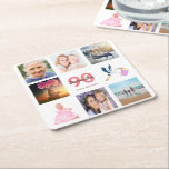 90th birthday party photo collage white name square paper coaster<br><div class="desc">A party coaster for a girly 90th birthday party,  celebrating her life with a collage of 8 of your photos.  Templates for a name,  age 90 and a date.  Date of birth or the date of the party.  Coral and burgundy coloured letters.  White background.</div>