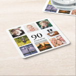 90th birthday party photo collage white square paper coaster<br><div class="desc">A coaster for a 90th birthday party for a guy,  celebrating his life with a collage of 8 of your own photos.  Templates for the age 90 and a date.  Date of birth or the date of the party.  Black coloured letters.  White background.</div>
