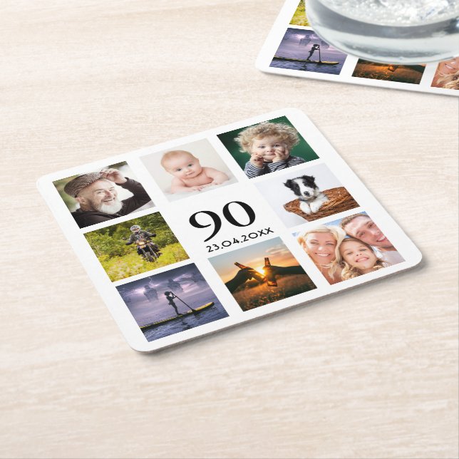 90th birthday party photo collage white square paper coaster (Angled)