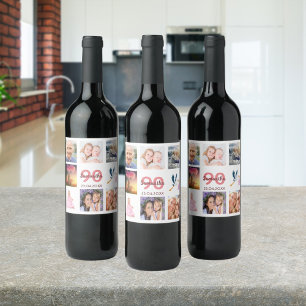 90th birthday party photo collage wine label