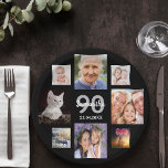 90th birthday party photo collage woman black paper plate<br><div class="desc">A paper plate for a 90th birthday party for a young woman celebrating her life with a collage of 8 of your own photos.  Templates the age 90 and a date.  Date of birth or the date of the party.  White and grey coloured letters.  Black background.</div>