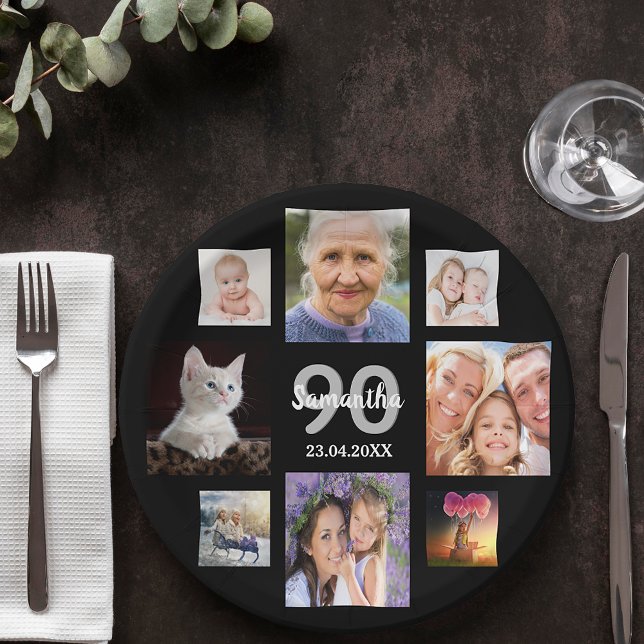 90th birthday party photo collage woman black paper plate (Creator Uploaded)