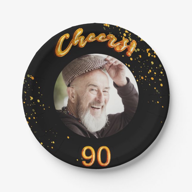 90th birthday party photo gold balloons black paper plate (Front)