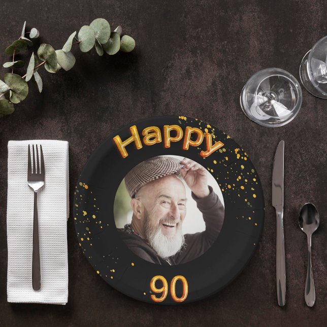 90th birthday party photo gold balloons black paper plate (Creator Uploaded)