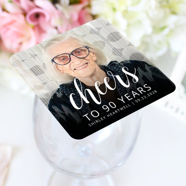 90th Birthday Party Photo White Script Cheers Square Paper Coaster (Creator Uploaded)