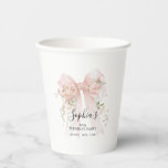 90th Birthday Party Pink Bow with Roses Custom Paper Cups<br><div class="desc">Blush pink watercolor coquette bow is decorated with roses and sage green greenery.</div>