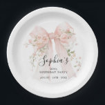 90th Birthday Party Pink Bow with Roses Custom Paper Plate<br><div class="desc">Blush pink watercolor coquette bow is decorated with roses and sage green greenery.</div>