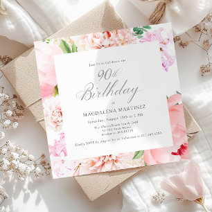 90th Birthday Party Pink Peony Floral Square Invitation