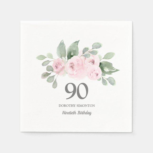 90th Birthday Party Pink Rose Floral Napkin (Front)