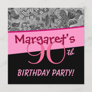 90th Birthday Party Pink Vintage Flowers Silver Invitation