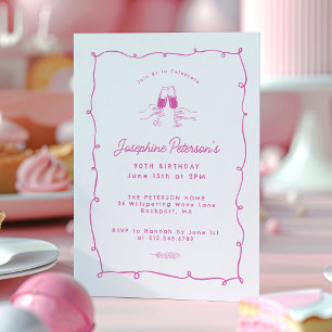 90th Birthday Party Pink Whimsical Doodle Invitation