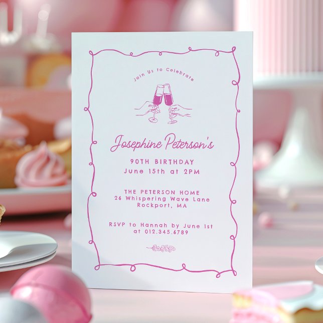 90th Birthday Party Pink Whimsical Doodle  Invitation (Creator Uploaded)