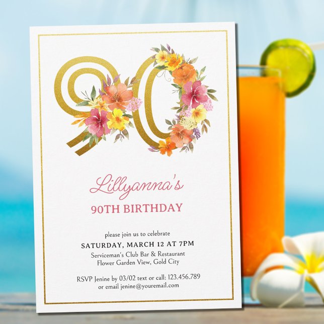90th Birthday Party Pretty Floral Gold Number 90 Invitation (Creator Uploaded)
