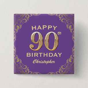 90th Birthday Party Purple and Gold Glitter Frame 15 Cm Square Badge