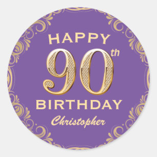 90th Birthday Party Purple and Gold Glitter Frame Classic Round Sticker