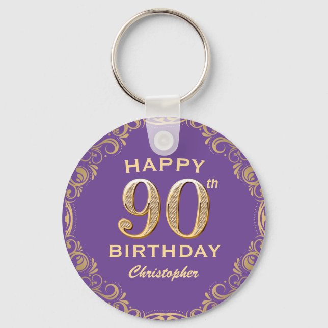 90th Birthday Party Purple and Gold Glitter Frame Key Ring (Front)