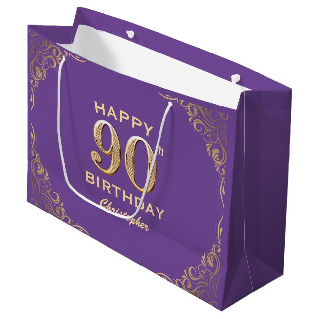 90th Birthday Party Purple and Gold Glitter Frame Large Gift Bag (Front Angled)