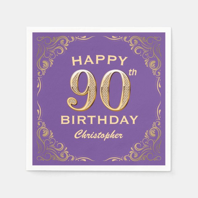 90th Birthday Party Purple and Gold Glitter Frame Napkin (Front)