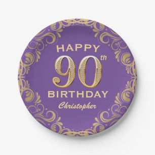 90th Birthday Party Purple and Gold Glitter Frame Paper Plate