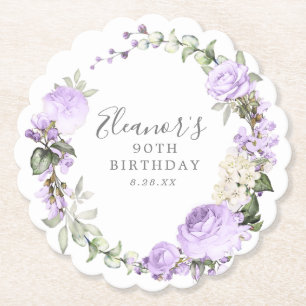 90th Birthday Party Purple Rose Floral Custom Paper Coaster
