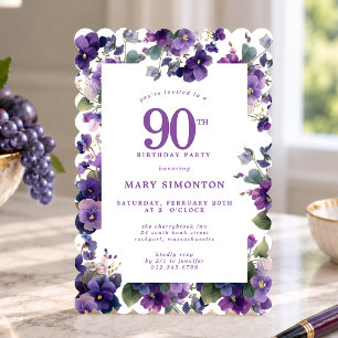 90th Birthday Party Purple Violet Flower Invitation