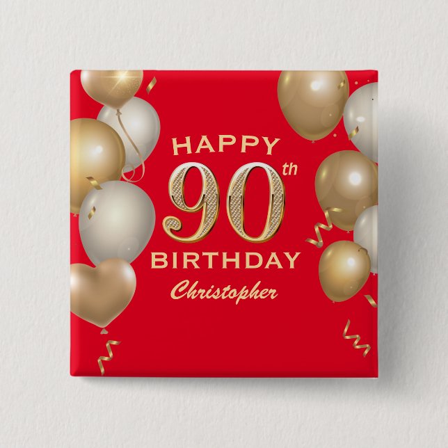 90th Birthday Party Red and Gold Balloons 15 Cm Square Badge (Front)