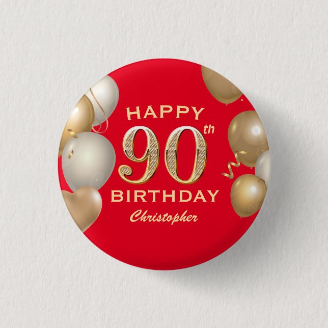 90th Birthday Party Red and Gold Balloons 3 Cm Round Badge (Front)
