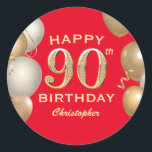 90th Birthday Party Red and Gold Balloons Classic Round Sticker<br><div class="desc">90th Birthday Party Red and Gold Balloons and Confetti Sticker. For further customisation,  please click the "Customise it" button and use our design tool to modify this template.</div>