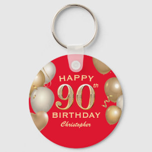 90th Birthday Party Red and Gold Balloons Key Ring