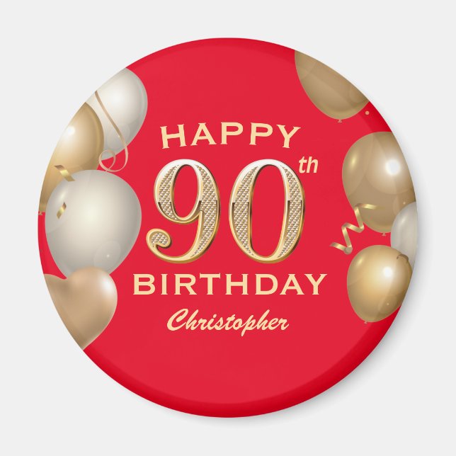 90th Birthday Party Red and Gold Balloons Magnet (Front)