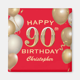 90th Birthday Party Red and Gold Balloons Magnet