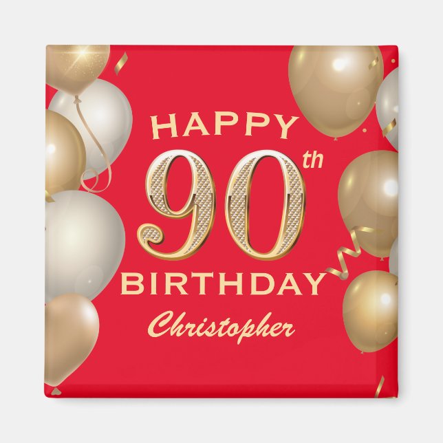 90th Birthday Party Red and Gold Balloons Magnet (Front)