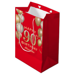 90th Birthday Party Red and Gold Balloons Medium Gift Bag