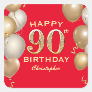 90th Birthday Party Red and Gold Balloons Square Sticker
