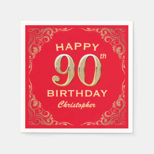 90th Birthday Party Red and Gold Glitter Frame Napkin